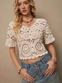 Freevana 大码女式度假休闲钩针针织毛衣 - 杏色 - 查看 6