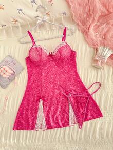 PetitDoll 两件套女士性感蕾丝拼接睡衣套装 - 玫紅色 - 查看 6