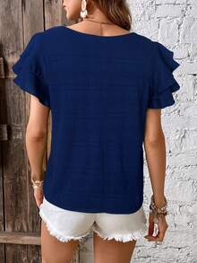 EMERY ROSE 纯色荷叶边衬衫，短袖上衣 - 藏蓝色 - 查看 2