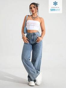 SHEIN ICON 大码女式松紧腰复古浅蓝色直筒牛仔裤 - 淺色水洗藍 - 查看 3