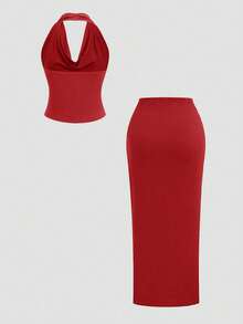 Sweetra 女士纯色深V领露背吊带上衣和侧开衩半身裙套装 - 紅色 - 查看 2