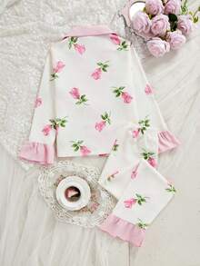 Tween Girls Matching Pajamas Pink Rose Floral Print Long Sleeve Lapel Woven Fabric Pant Sets For Mom And Daughter Casual - Multicolor - View 2