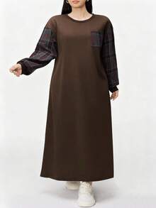 Modelyn Women's Casual Plaid Patchwork Long Dress, Autumn/Winter - Coffee Brown - View 1