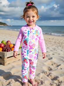 Sparklyn 女婴可爱鲸鱼印花长袖连体泳衣，紫色，适合夏季和度假