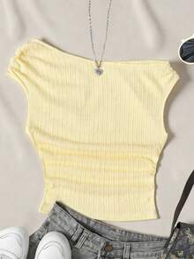 SHEIN Teen Girl Casual Asymmetric Shoulder Textured Fabric Tank Top - Apricot - View 1