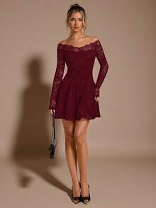 SHEIN BAE 黑色蕾丝露肩修身迷你连衣裙，优雅性感女士长袖蕾丝连衣裙，黑色蕾丝连衣裙，优雅小黑裙 - 酒紅色 - 查看 3