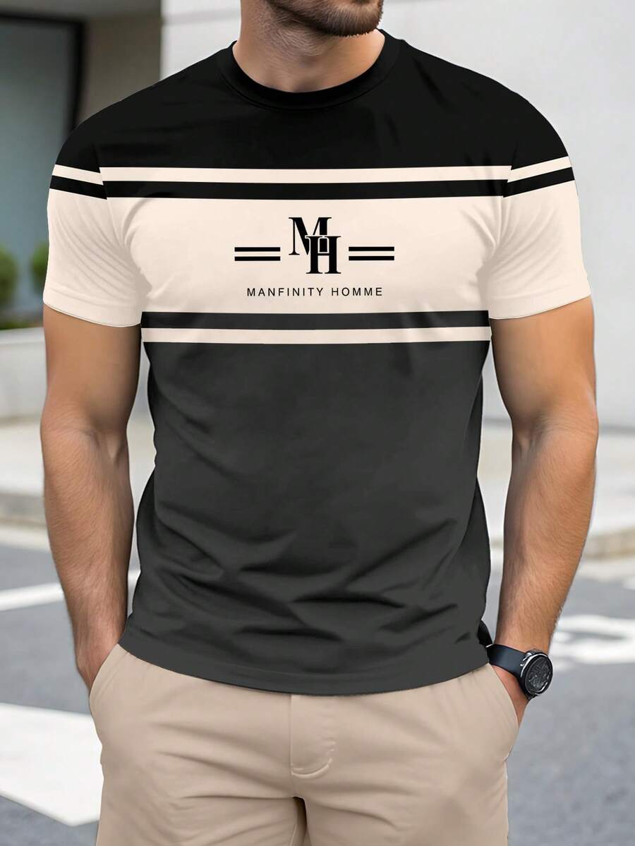 Manfinity Homme 黑灰条纹拼接时尚休闲印花男士标准版型短袖T恤 - 彩色 - 查看 1