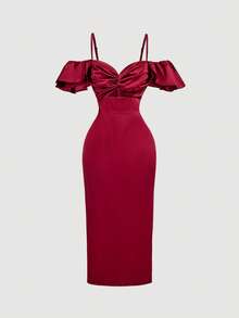 SHEIN MOD Váy cocktail bodycon lệch vai màu đỏ thanh lịch dành cho nữ - Đỏ - Xem 6