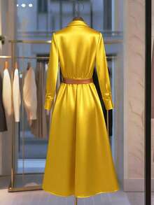 GlowEve CURVE Váy sơ mi trơn màu thanh lịch cỡ lớn cho đi làm - Màu vàng - Xem 2