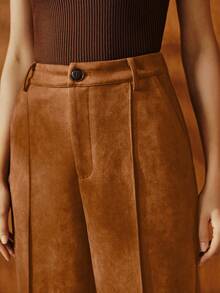 Anewsta Vintage Suede Straight-Leg Pants, Fashionable, Versatile, Elegant, Chic, Stylish, Business Casual For Women, Suitable For Fall, Winter, New Year, Party, Wedding - Rust Brown - View 1