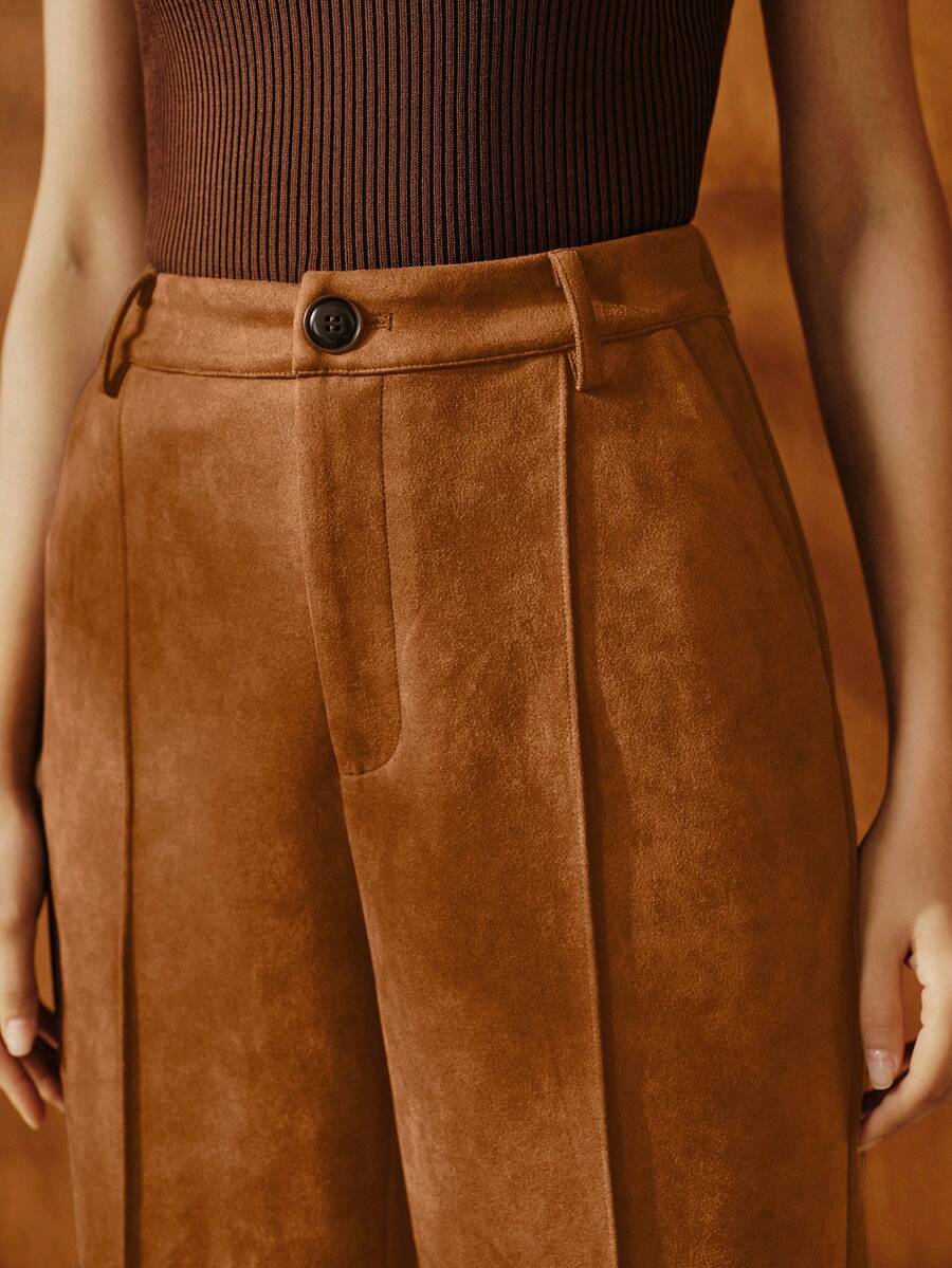 Anewsta Vintage Suede Straight-Leg Pants, Fashionable, Versatile, Elegant, Chic, Stylish, Business Casual For Women, Suitable For Fall, Winter, New Year, Party, Wedding - Rust Brown - View 1