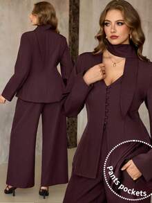Roveilla 大码女式两件套，V领系带长袖衬衫，前襟纽扣，不对称下摆，搭配前拉链高腰阔腿裤，优雅复古法式风格，适合办公室、商务、休闲、派对、圣诞节、感恩节、新年、秋冬季等场合。两件套裤装，优雅女式裤装套装，女士优雅裤装套装，女士两件套，女士两件套，女士优雅两件套，女士优雅裤装，带口袋的女士套装 - 紫紅色 - 查看 1