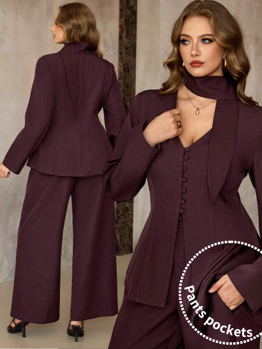 Roveilla 大码女式两件套，V领系带长袖衬衫，前襟纽扣，不对称下摆，搭配前拉链高腰阔腿裤，优雅复古法式风格，适合办公室、商务、休闲、派对、圣诞节、感恩节、新年、秋冬季等场合。两件套裤装，优雅女式裤装套装，女士优雅裤装套装，女士两件套，女士两件套，女士优雅两件套，女士优雅裤装，带口袋的女士套装 - 紫紅色 - 查看 1