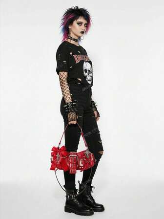 Grunge Punk Bow Decor Motorcycle Underarm Bag, Women Casual Shoulder Bags