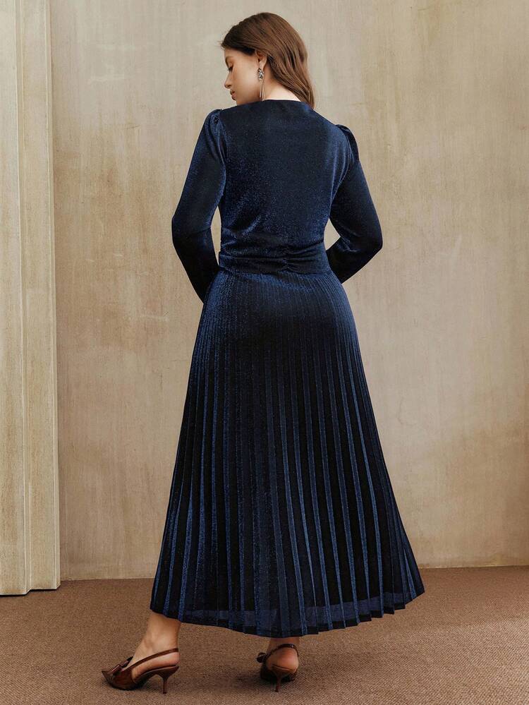 Valentine Elegant Women's Long Sleeve Pleated Waist Twist Design Knit Dress, Suitable For Fall, Winter, Summer, Spring, New Year, Party, Wedding