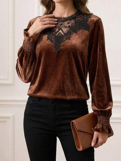Miaspire New Year Women Long Sleeve Shirt, Lace Detail Round Neck Smocked Flounce Long Sleeve Top