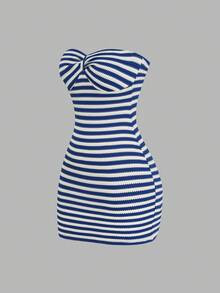 Sweetra Vestido bandeau a rayas para mujer de talla grande, elegante para fiestas y reuniones - Azul - Ver 1