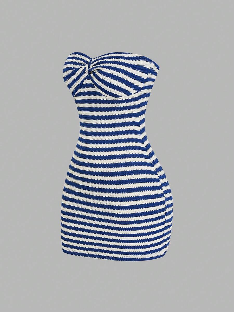 Sweetra Vestido bandeau a rayas para mujer de talla grande, elegante para fiestas y reuniones - Azul - Ver 1