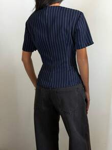 Siren Gaze 新款褶裥腰身条纹修身衬衫，藏蓝色复古时尚办公衬衫，女士必备工作服，教师制服，办公服装 - 藏蓝色 - 查看 2