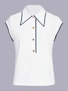 EMERY ROSE Women's Contrast Color Polo Collar Short Sleeve Top - White - View 4
