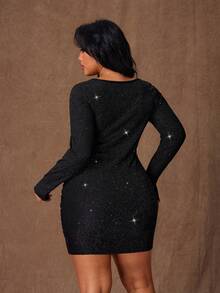 Rustia 大码女式黑色垂褶领/金属纽扣镂空/极简亮片弹力修身下摆，休闲夜店商务休闲装，弹力紧身休闲日常/情人节/生日连衣裙，性感派对/街头/度假/约会装，长袖新款短裙，春夏秋冬皆宜 - 黑色 - 查看 3