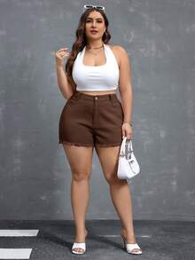 Flexra Plus Size Casual Solid Color Frayed Hem Denim Shorts - Brown - View 6