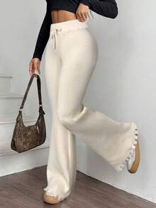 SHEIN EZwear 女士纯色喇叭裤腿打结针织裤，秋冬季款 - 杏色 - 查看 4