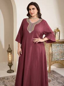 Al Najma Robe ample de style arabe avec manches évasées, appliqués et couleurs contrastées, taille grande pour femmes - Mauve - Voir 5