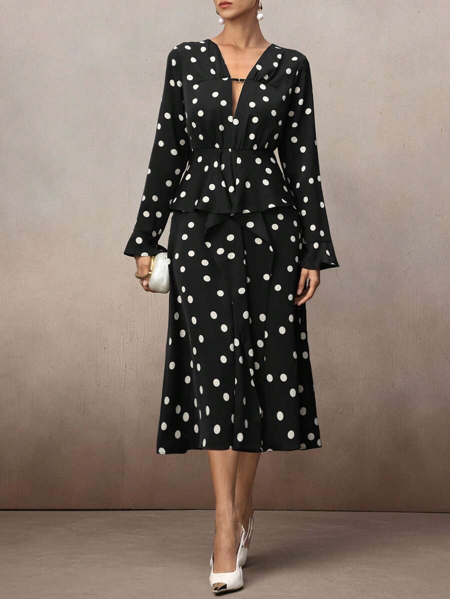 NOVVYNE Women's Polka Dot Print Patchwork Ruffle Trim Elegant V-Neck Vintage Waist Midi Dress