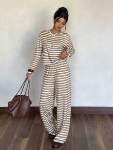 Siren Gaze Women's Fabric Striped Long Sleeve Round Neck Tee And Pants Two-Piece Casual Outfit Rib-Knit Details Aesthetic Tops 70s Tops Striped Top Striped Blouse - Multicolor - View 8