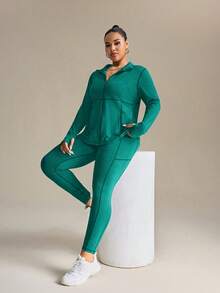 SHEIN Rhythm Era Bộ đồ thể thao ngoài trời thường ngày cỡ lớn cho nữ, áo dài tay có khóa kéo cổ đứng và quần legging - Màu xanh lá cây đậm - Xem 5