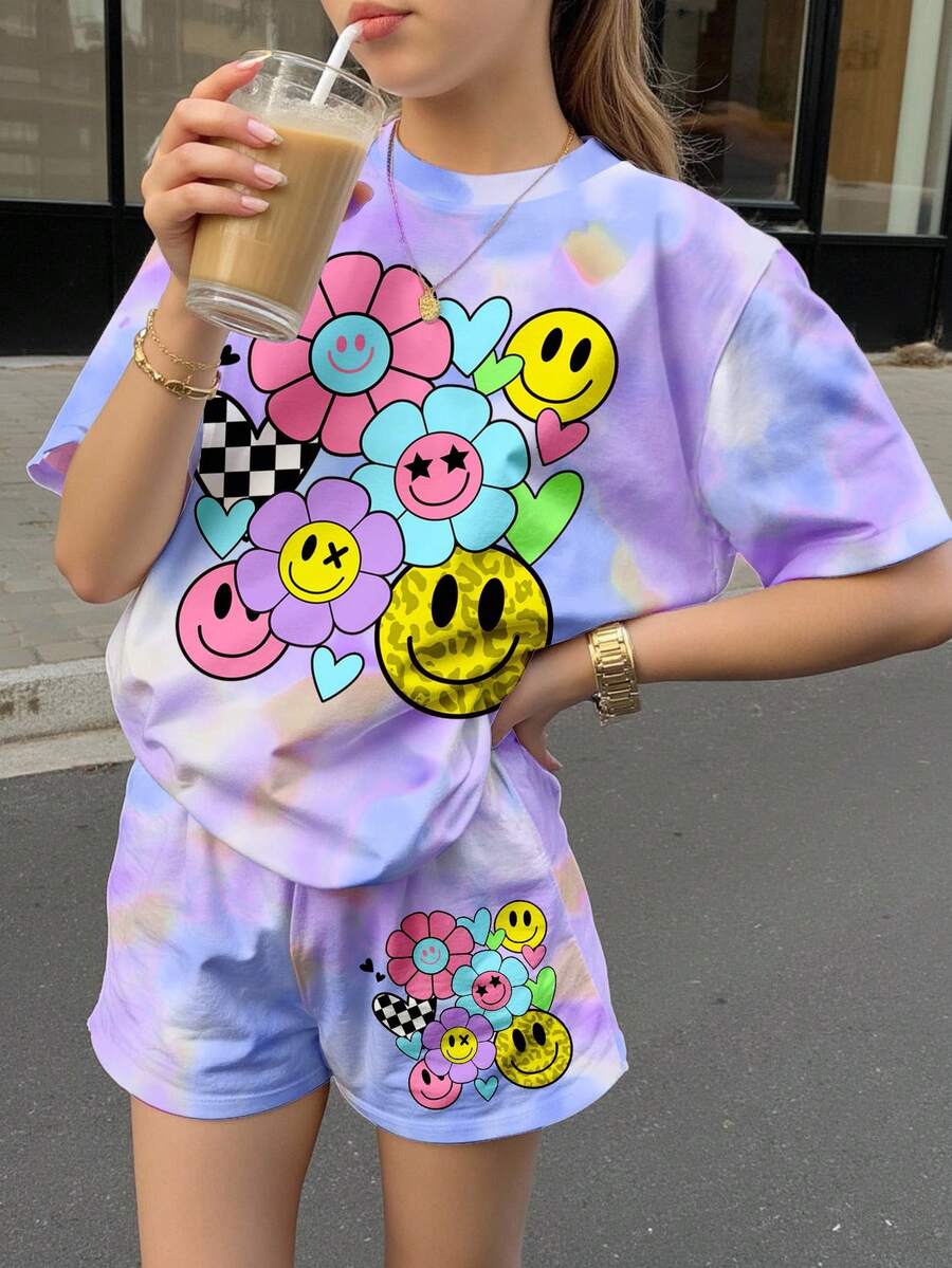 Bộ 2 áo thun tay ngắn và quần short in họa tiết hoa, trái tim, da báo dành cho bé gái tuổi teen, phong cách tối giản, thường ngày, phù hợp cho mùa hè, bãi biển, cổ điển, hoài cổ, thường ngày, kỳ nghỉ, dễ thương, Y2K, cô gái dừa, phong cách Boho, lễ hội âm nhạc - Nhiều màu - Xem 1