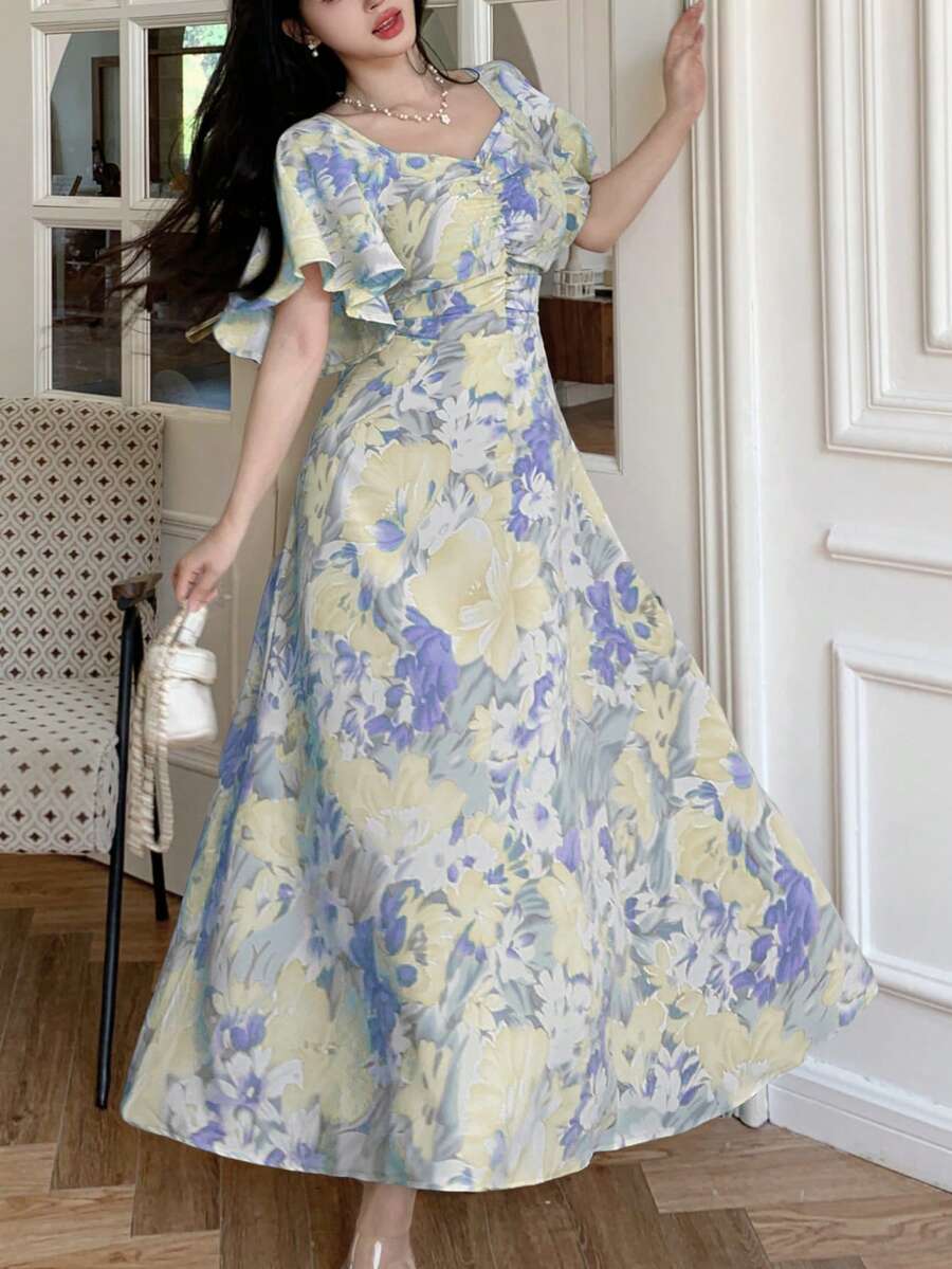 Modelyn 女士印花褶皱心形领口荷叶袖收腰优雅度假派对连衣裙 - 淺藍色 - 查看 1