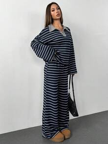 SHEIN PETITE Women's 2pcs Set Loose Striped V-Neck Drop Shoulder Long Sleeve T-Shirt &Elastic Waist Striped Pants, Winter Sweater Suit ,Autumn/Winter Two Piece Set Women Comfy Two Piece Set Two Piece Lounge Set Striped Two Piece Set Comfortable Two Piece Set - Multicolor - View 5