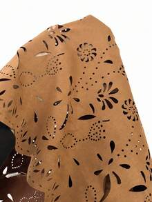 SHEIN LUNE Plus Size Brown Suede Fleece Floral Embroidered Shirt Jacket & Straight Leg Pants 2 Piece Set,Winter Boho Vacation Holiday Western Cowboy Outfit - Brown - View 3