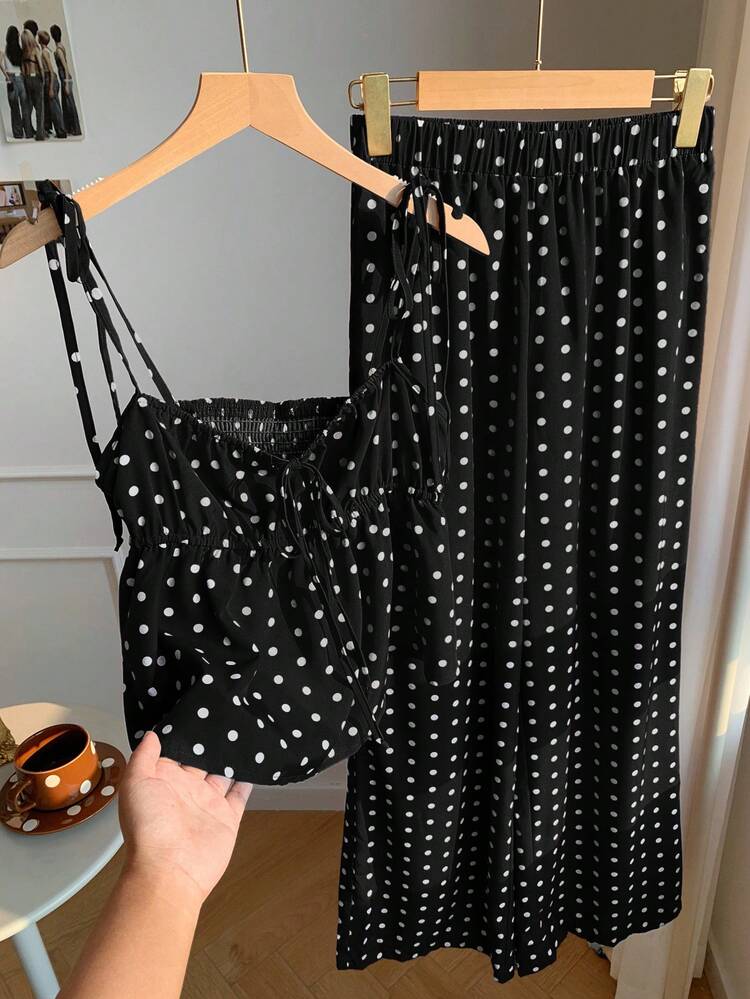 Comfortcana ポルカドットプリントキャミソールとパンツ2点セット、可愛いポルカドット2点セット夏用、ポルカドット2点セットバレンタインデー用 - ブラック - 見る 4