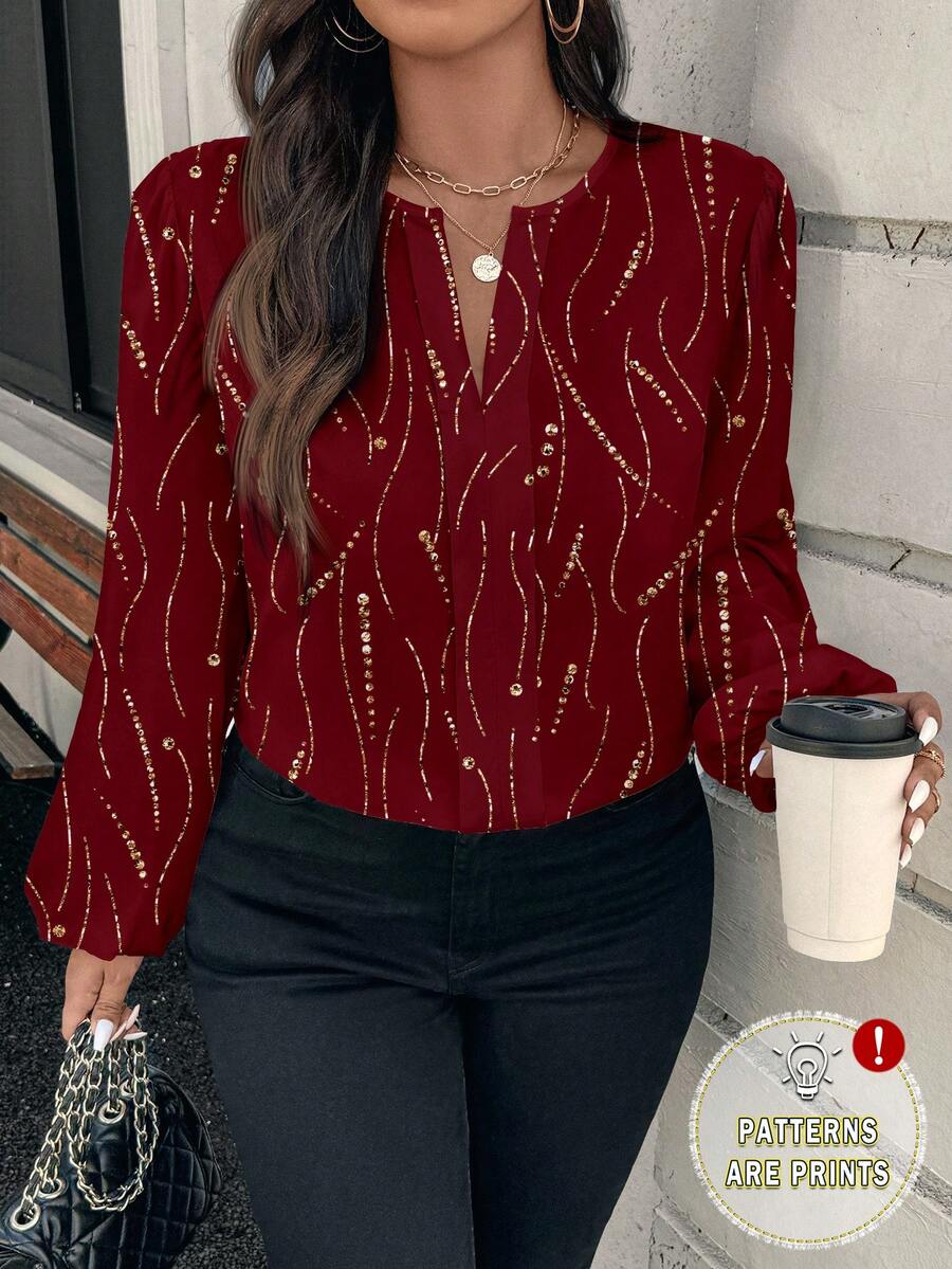 SHEIN Clasi 大码休闲印花翻领衬衫，秋季款 - 酒紅色 - 查看 1