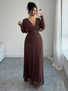 Elenzga Damen Elastisches Mesh-Gewebe gefüttertes V-Ausschnitt Kleid mit Raglanärmeln, geraffter Taille und A-Linie, verdecktem Reißverschluss an der Seite, Maxikleid, eleganter französischer Vintage-Stil für Büro, Lässig und Lässig, geeignet für Party, Weihnachten, Thanksgiving, Nachmittagstee, Neujahr, Herbst/Winter - Braun - Übersicht 6