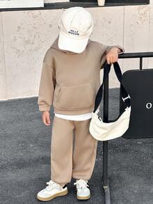 SHEIN Young Boys Casual Hooded Long Sleeve Embroidered Sweatshirt And Sweatpants Set - Army Green - View 2