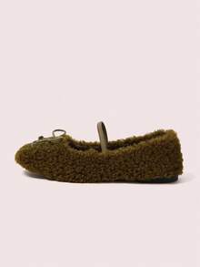 CUCCOO DOLLMOD Women's Casual Versatile Commuting Fuzzy Bow Decor Flats, Autumn/Winter For Christmas - Army Green - View 2