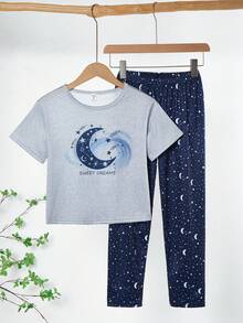 男童星空印花休闲短袖上衣和裤子两件套，舒适家居服 - 灰色 - 查看 4