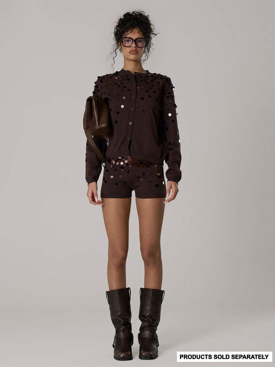 MUSERA Quần short dệt kim đính sequin, quần dài phối hợp, kiểu dáng thường ngày, dễ thương, ấm áp, thích hợp mặc ở nhà, phong cách Coco Cloud. - Màu nâu Sô-cô-la - Xem 1