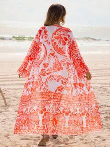 Swim Vcay Plus Size Women Minimalist Beach Resort Casual Placement Print Mesh Cardigan, Suitable For Beach Vacation - Multicolor - View 2