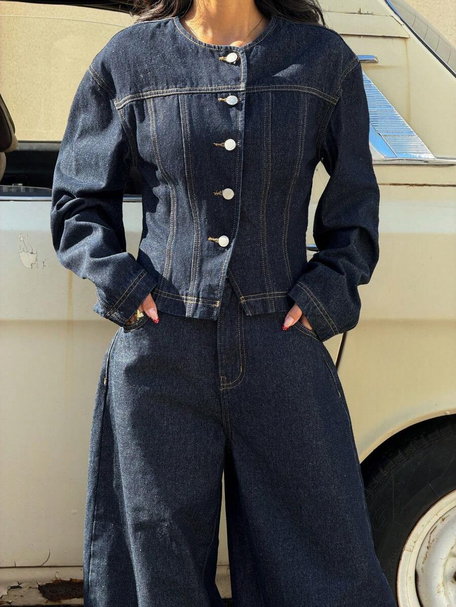 Muchica Women's Round Neck Drop Shoulder Long Sleeve Casual Front Button Fashionable Versatile Denim Jacket - Navy Blue - View 1
