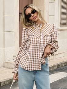 SHEIN PariChic Áo sơ mi kẻ caro nữ có vạt áo kiểu Pháp và viền xếp nếp - Màu Khaki - Xem 4