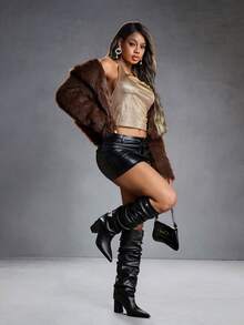 CUCCOO SZL Botas altas de mujer de piel de imitación plisada, de moda y versátiles para uso diario - Negro - Ver 2