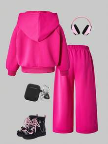 SHEIN ChillGRL Streecool 少女休闲学院风百搭小Logo连帽宽松拉链卫衣和阔腿运动裤套装，适合休闲和运动场合。 - 玫紅色 - 查看 2