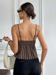 Serisse Women's Spaghetti Strap Tie-Up Sweetheart Collar Striped Fashionable Ruffle Hem Camisole Summer Casual Brown - Coffee Brown - View 3