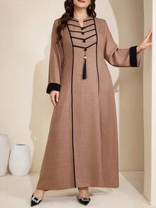Al Najma Plus Size Women's Contrast Color Long Sleeve Arabic Style Dress - Khaki - View 7