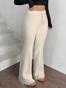 SHEIN EZwear 女士纯色喇叭裤腿打结针织裤，秋冬季款 - 杏色 - 查看 5